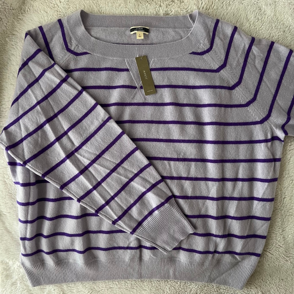 NWT Women's J.Crew Cashmere Crew Neck Sweater Size L Lavender Purple Stripes
